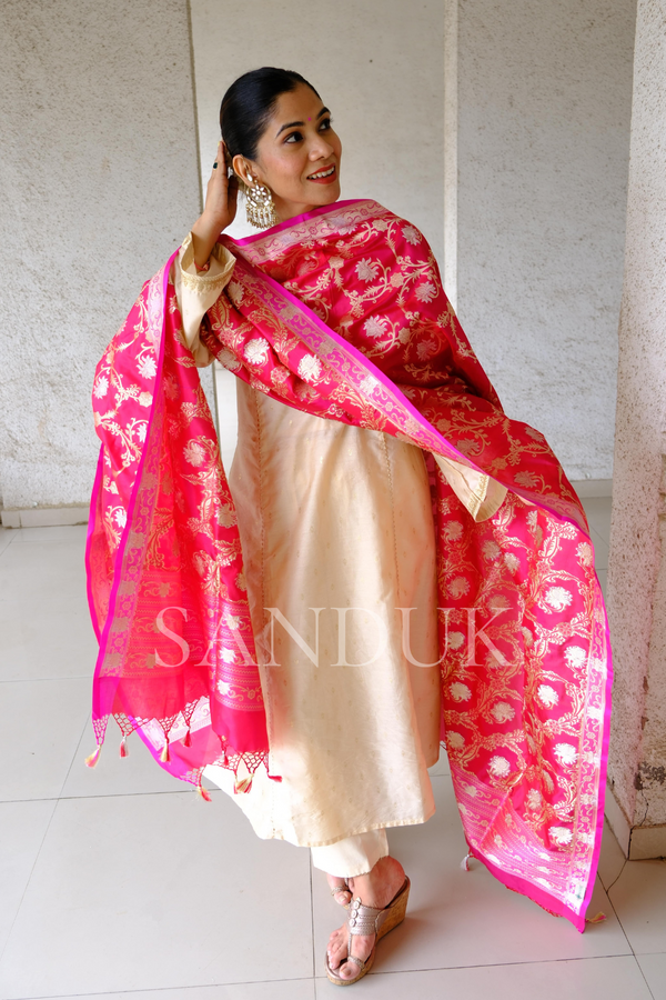 Ruby Red & Pink Katan Silk Jangla Dupatta