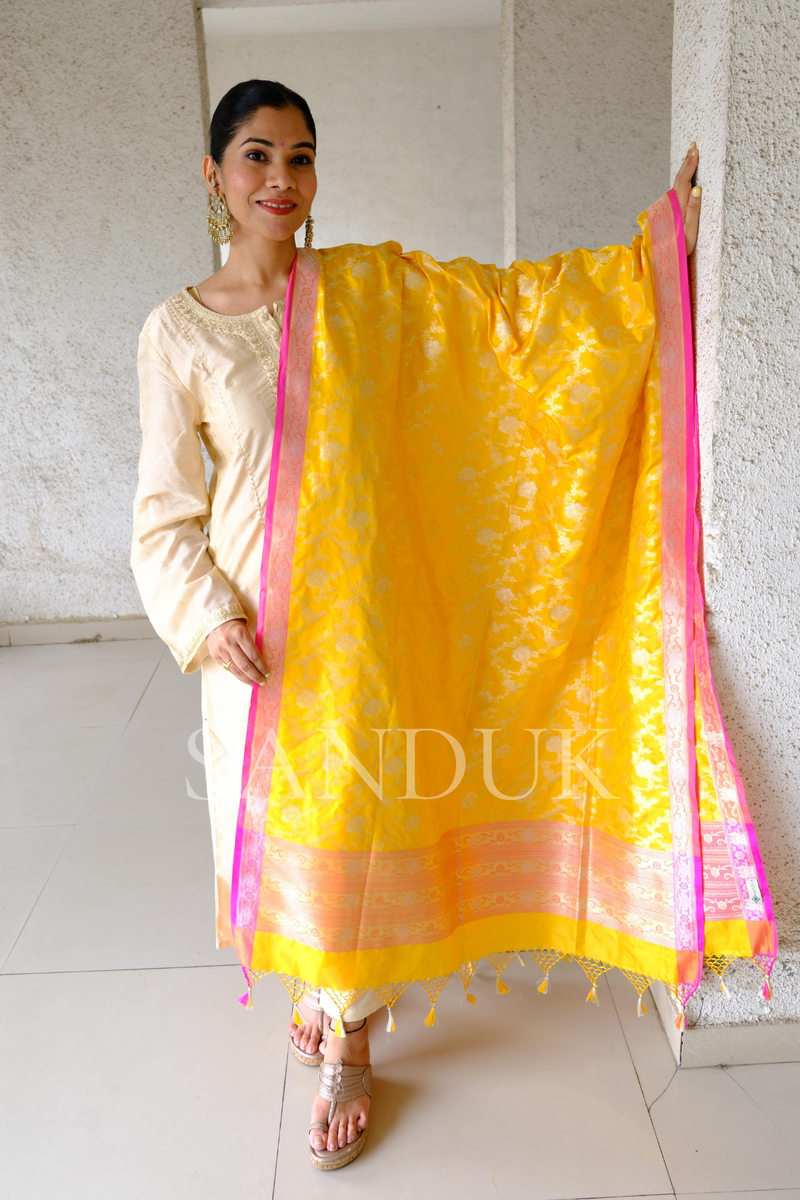 Yellow Katan Silk Jangla Dupatta