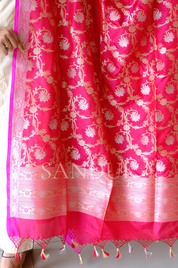 Ruby Red & Pink Katan Silk Jangla Dupatta