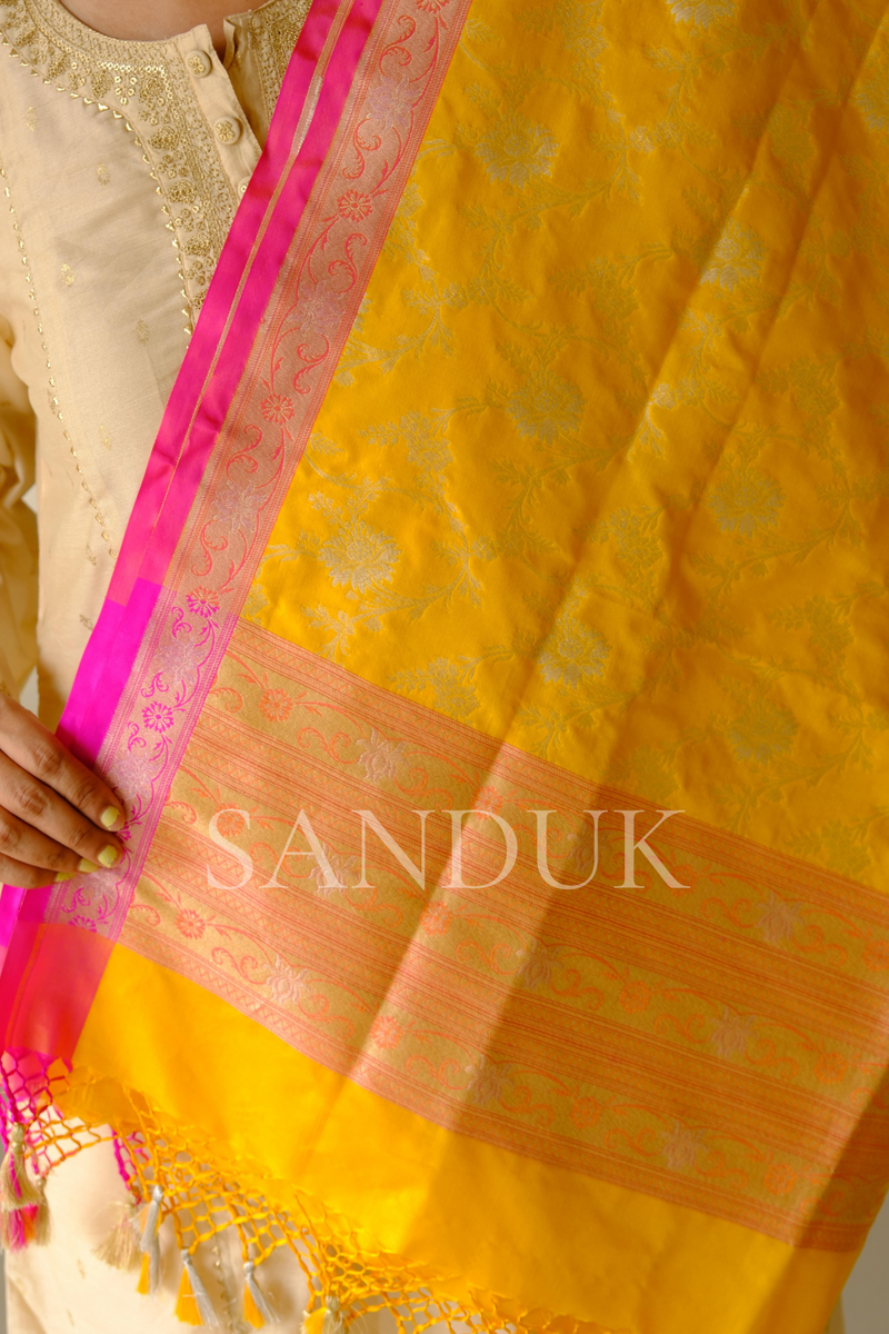 Yellow Katan Silk Jangla Dupatta