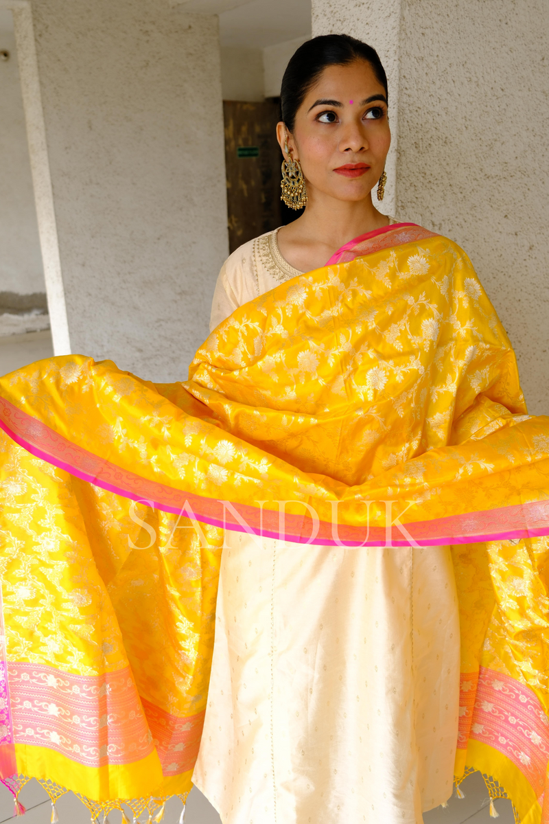 Yellow Katan Silk Jangla Dupatta