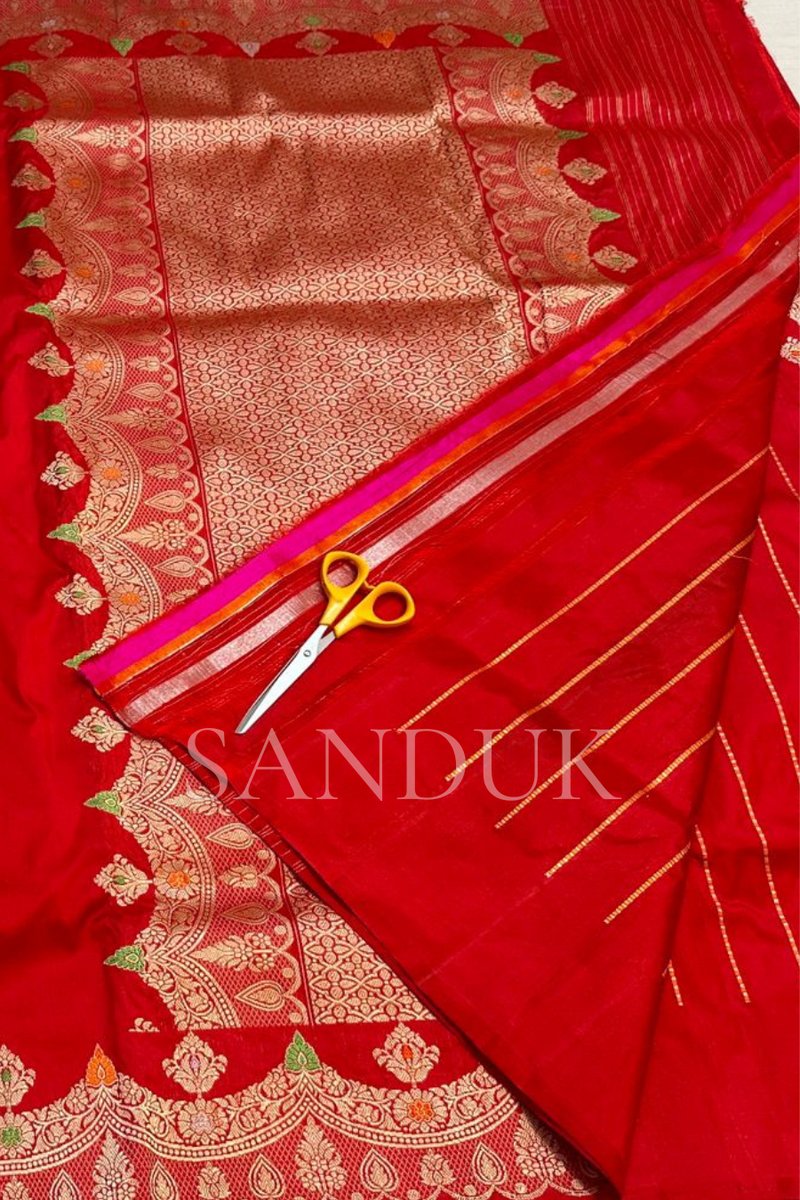 Flower motif Red Katan Silk Saree