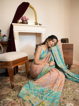 Turquoise Blue & Peach Khaddi Georgette Saree with Golden Woven Floral Border
