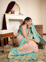Turquoise Blue & Peach Khaddi Georgette Saree with Golden Woven Floral Border