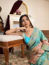 Turquoise Blue & Peach Khaddi Georgette Saree with Golden Woven Floral Border