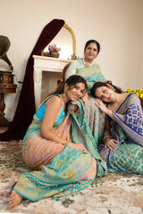 Turquoise Blue & Peach Khaddi Georgette Saree with Golden Woven Floral Border