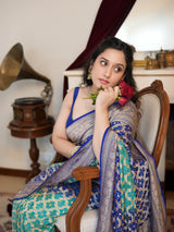 Royal Blue & Turquoise Khaddi Georgette Saree with Intricate Golden Woven Border