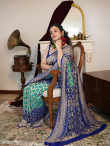 Royal Blue & Turquoise Khaddi Georgette Saree with Intricate Golden Woven Border