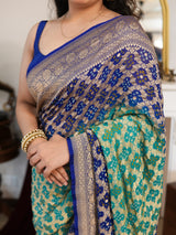Royal Blue & Turquoise Khaddi Georgette Saree with Intricate Golden Woven Border