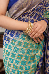 Royal Blue & Turquoise Khaddi Georgette Saree with Intricate Golden Woven Border