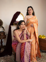 Purple & Red Bandhani Pattern Khaddi Georgette Saree with Banarasi-Style Woven Border