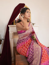 Purple & Red Bandhani Pattern Khaddi Georgette Saree with Banarasi-Style Woven Border