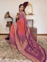 Purple & Red Bandhani Pattern Khaddi Georgette Saree with Banarasi-Style Woven Border
