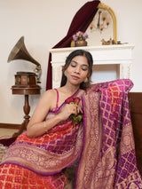 Purple & Red Bandhani Pattern Khaddi Georgette Saree with Banarasi-Style Woven Border