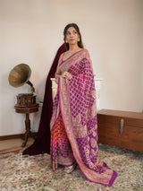 Purple & Red Bandhani Pattern Khaddi Georgette Saree with Banarasi-Style Woven Border
