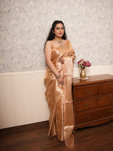 Antique Golden Tissue Saree with Subtle Woven Stripes
