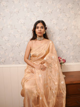 Peach Blush Tissue Saree with Delicate Golden Woven Motifs