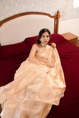 Peach Blush Tissue Saree with Delicate Golden Woven Motifs