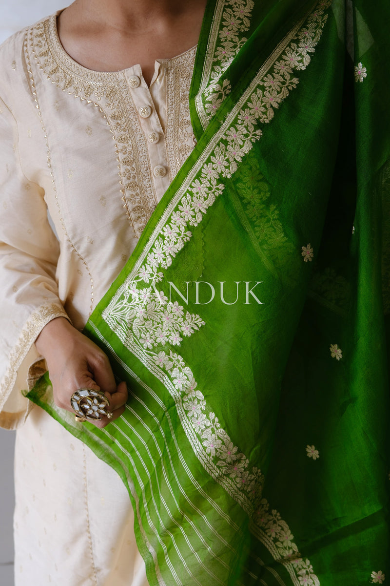 Green Kora Silk Meenakari Dupatta