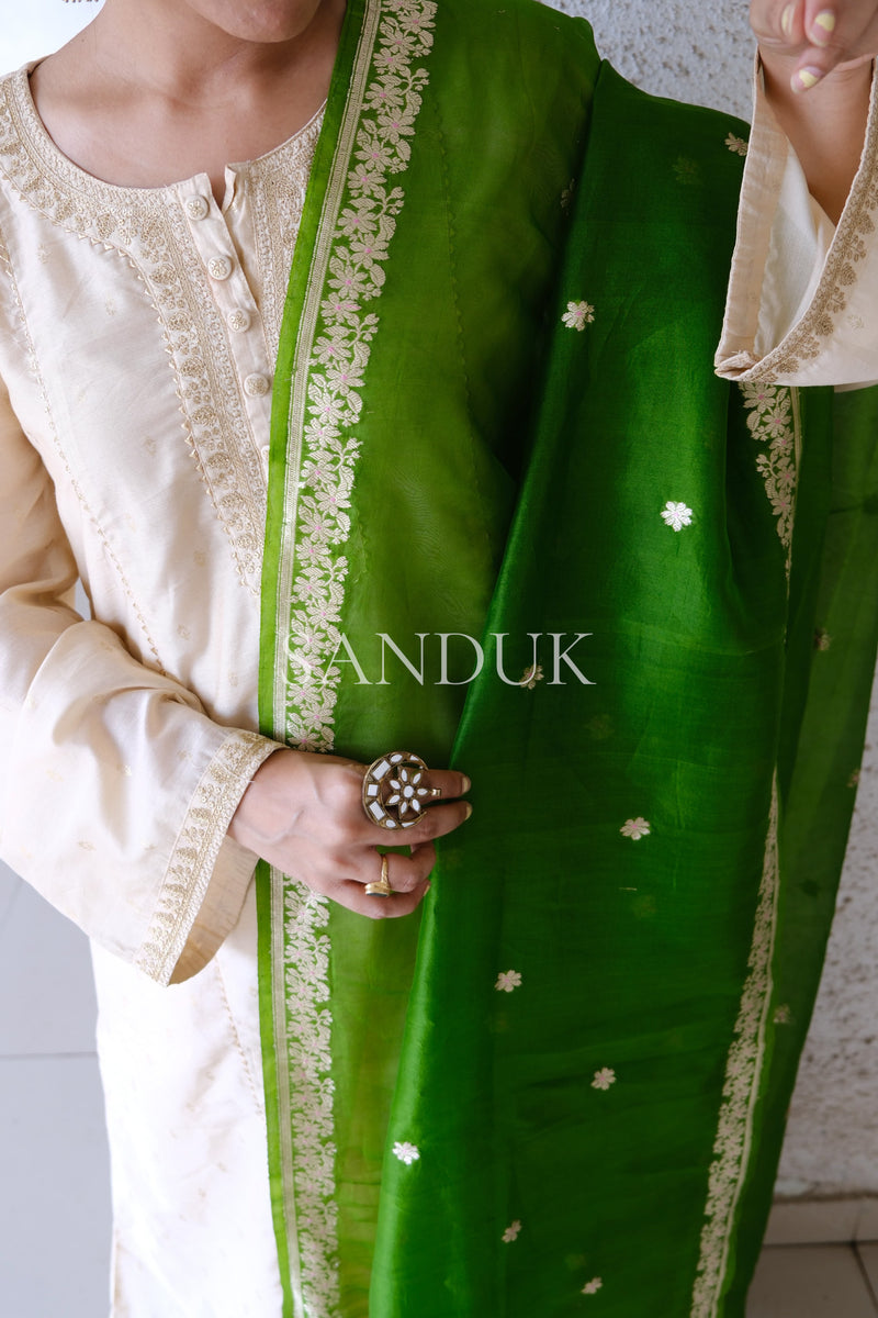 Green Kora Silk Meenakari Dupatta