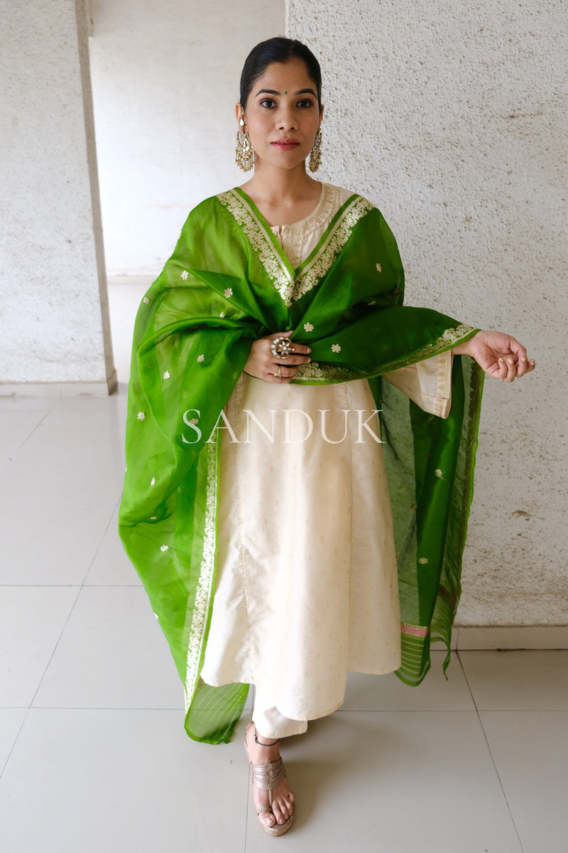 Green Kora Silk Meenakari Dupatta