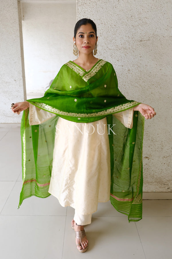 Green Kora Silk Meenakari Dupatta