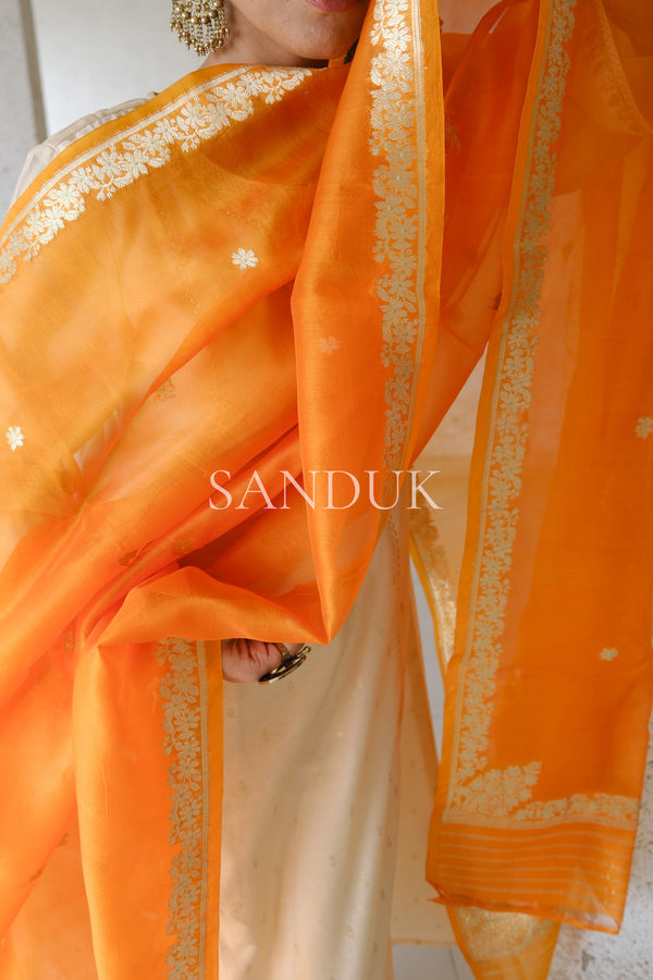 Orange Kora Silk Meenakari Dupatta