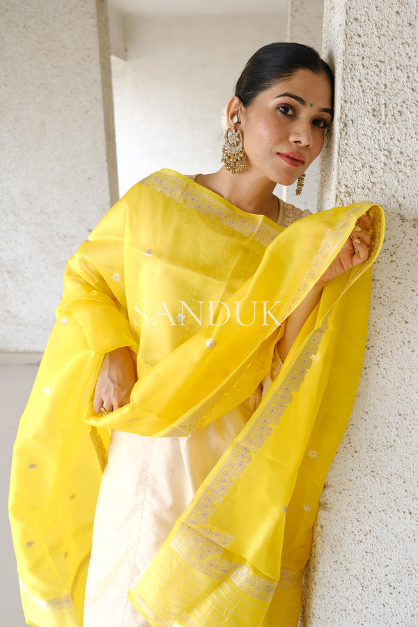 Yellow Kora Silk Meenakari Dupatta