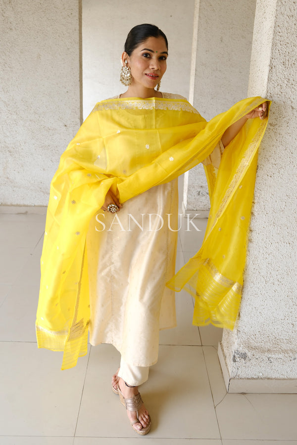 Yellow Kora Silk Meenakari Dupatta