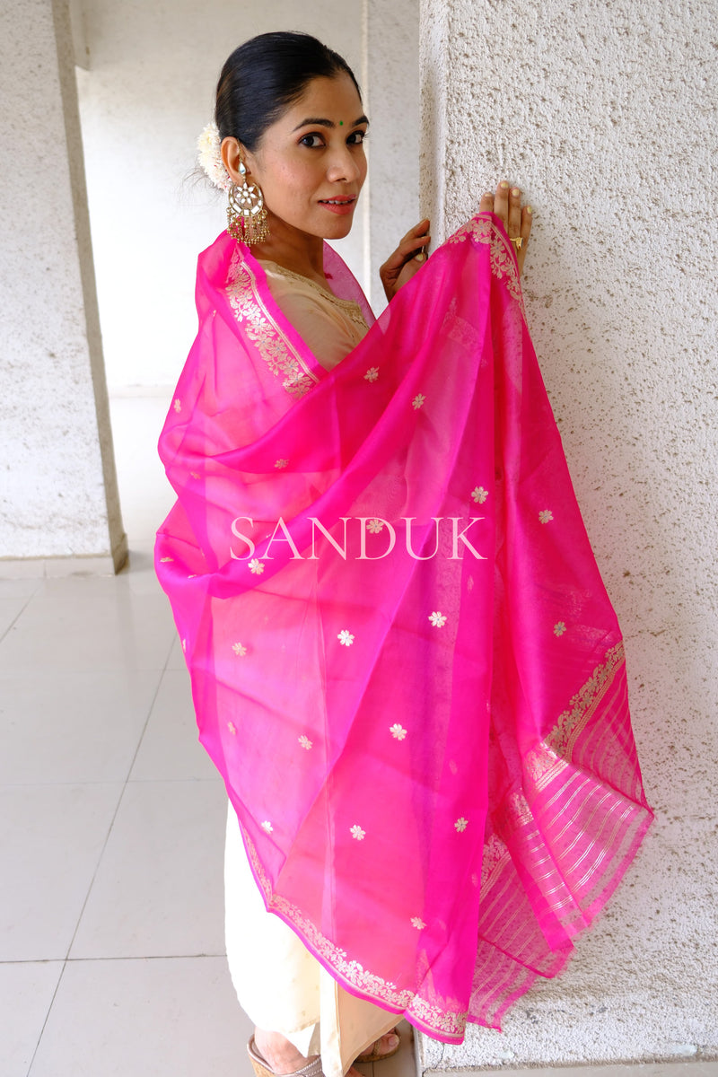 Gulabi Kora Silk Meenakari Dupatta